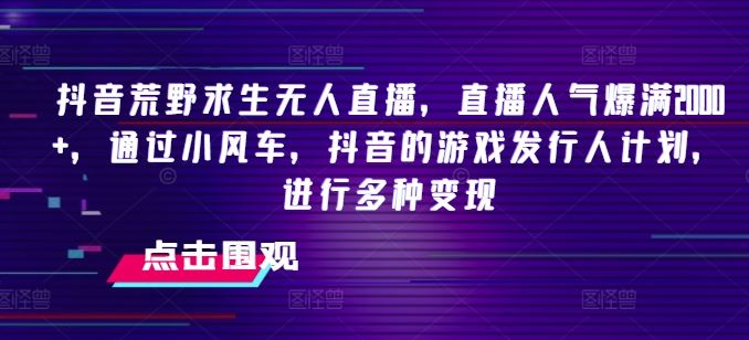 抖音荒野求生无人直播，直播人气爆满2000+，通过小风车，抖音的游戏发行人计划，进行多种变现【揭秘】-网创资源站