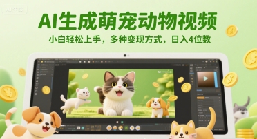 AI生成萌宠动物视频，小白轻松上手，多种变现方式，日入4位数-网创资源站