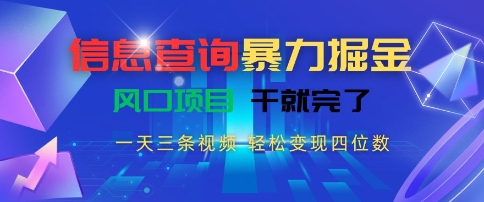 信息查询暴力掘金，一天三条视频，轻松变现四位数，风口项目干就完了【揭秘】-网创资源站