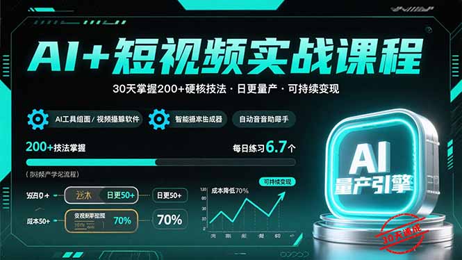 AI+短视频实战课程：30天掌握200+硬核技法，实现日更量产可持续变现-网创资源站
