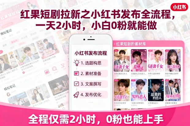 红果短剧拉新之小红书发布全流程，一天2小时，小白0粉就能做-网创资源站