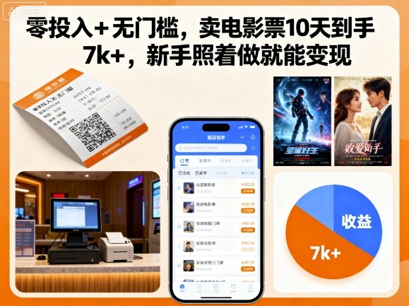 零投入+无门槛，卖电影票10天到手7k+，新手照着做就能变现【揭秘】-网创资源站