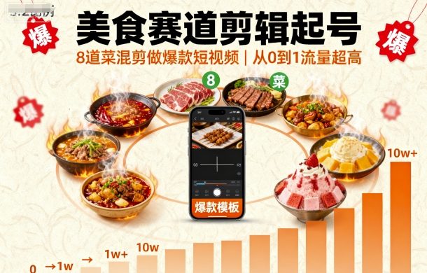 美食赛道剪辑起号，8道菜混剪做爆款短视频，从0到1，流量超高-网创资源站