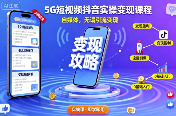5G短视频抖音实操变现课程，自媒体，无谓引流变现-网创资源站