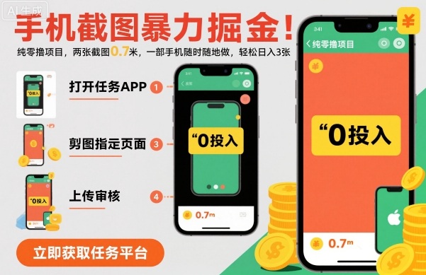 手机截图暴力掘金，两张截图0.7米，一部手机就能做，轻松日入3张【揭秘】-网创资源站