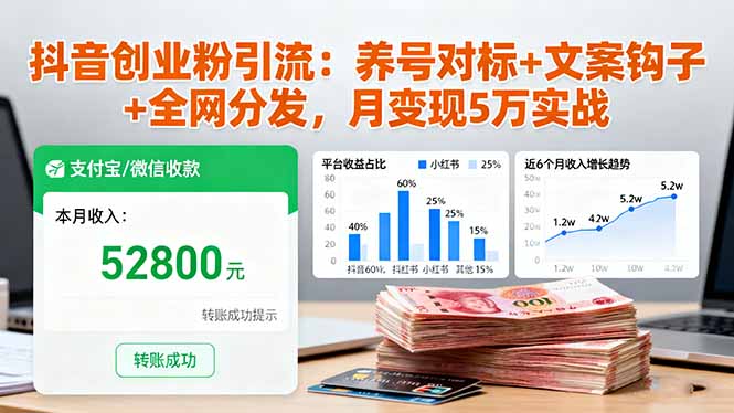 抖音创业粉引流：养号对标+文案钩子+全网分发，月变现5万实战-网创资源站