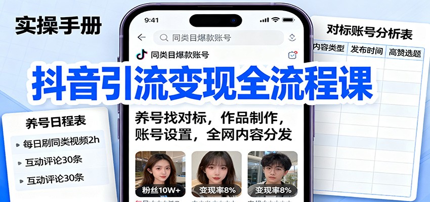 抖音引流变现全流程课：养号找对标，作品制作，账号设置，全网内容分发-网创资源站