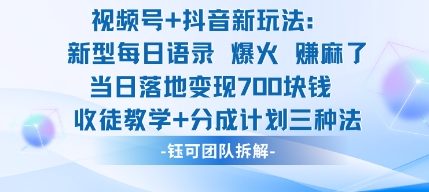 视频号加抖音新玩法：爆火新型每日语录，收徒教学加分成计划，三种变现玩法，当日变现7张-网创资源站