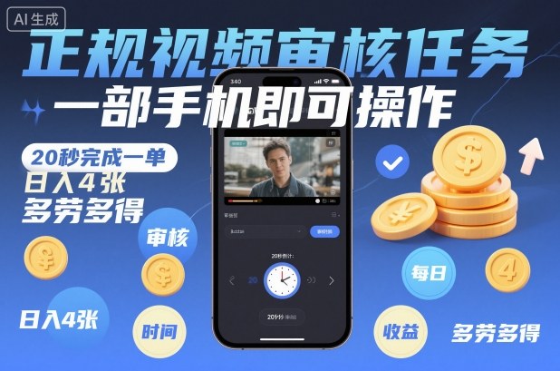 正规视频审核任务，一部手机即可操作，20秒完成一单，日入4张，多劳多得【揭秘】-网创资源站