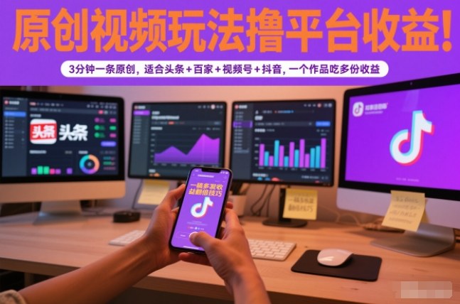 原创视频玩法撸平台收益，3分钟一条原创，适合头条+百家+视频号+抖音，一个作品吃多份收益-网创资源站