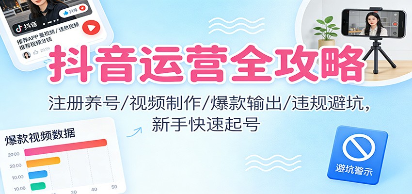 抖音运营全攻略：注册养号/视频制作/爆款输出/违规避坑，新手快速起号-网创资源站