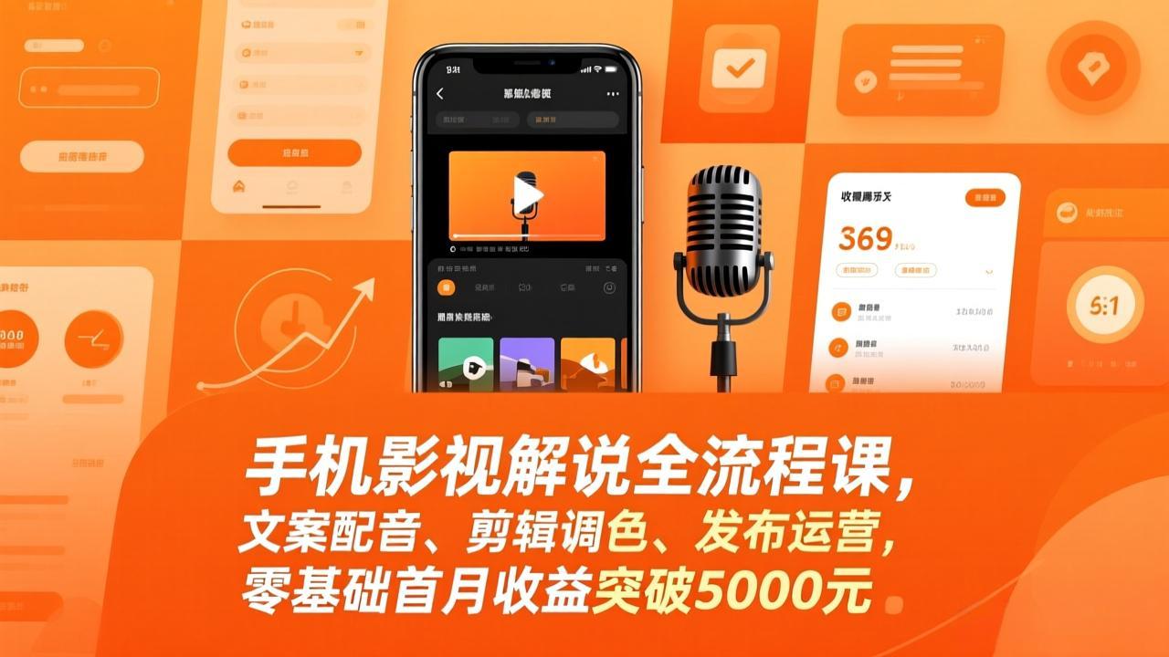 手机影视解说全流程课，文案配音、剪辑调色、发布运营，零基础首月收益突破5000元-网创资源站