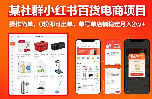 某社群小红书百货电商项目，操作简单，0粉即可出单，单号单店铺稳定月入2w+-网创资源站