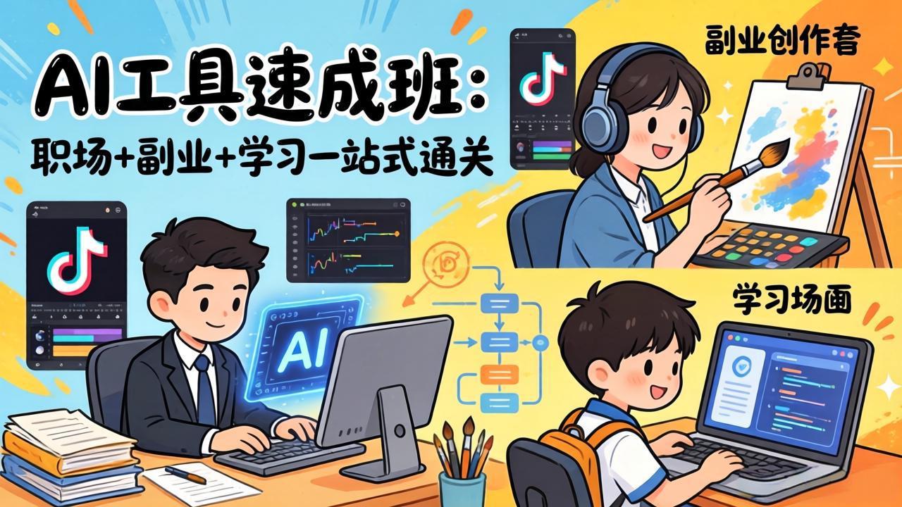 AI工具速成班：职场+副业+学习一站式通关，20+爆款类型+剪映技巧+抖音算法，0基础快速上手-网创资源站