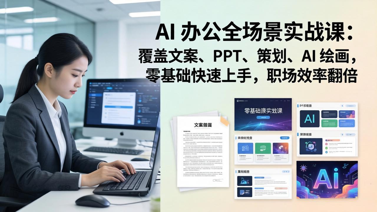 AI 办公全场景实战课：覆盖文案、PPT、策划、AI 绘画，零基础快速上手，职场效率翻倍-网创资源站