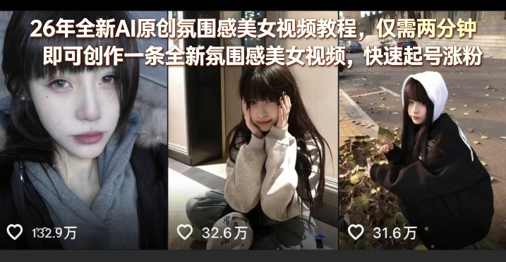 26年全新AI原创氛围感美女视频教程，仅需两分钟即可创作一条全新氛围感美女视频，快速起号涨粉-网创资源站