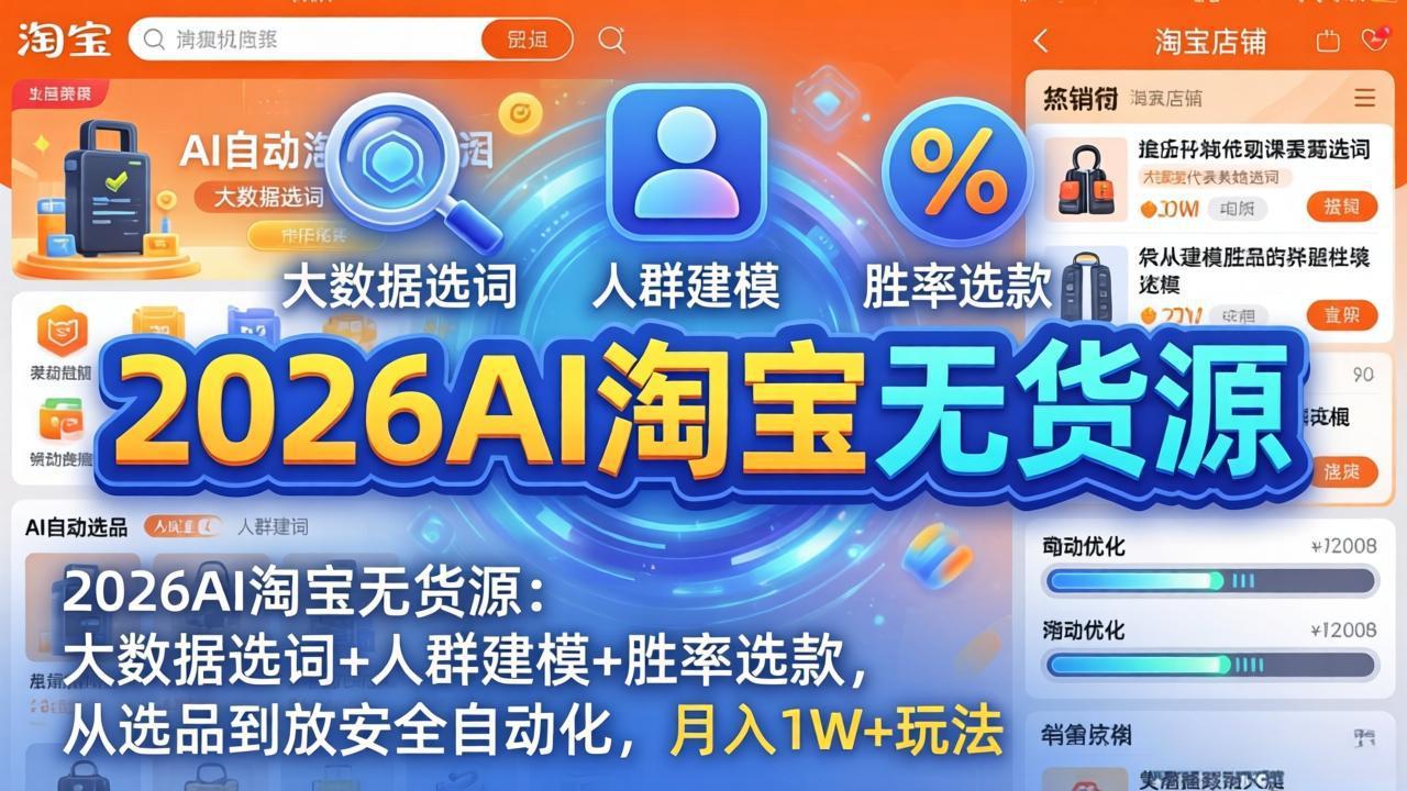 2026AI淘宝无货源-4月更新：大数据选词+人群建模+胜率选款，从选品到放大全自动化，月入1W+玩法-网创资源站