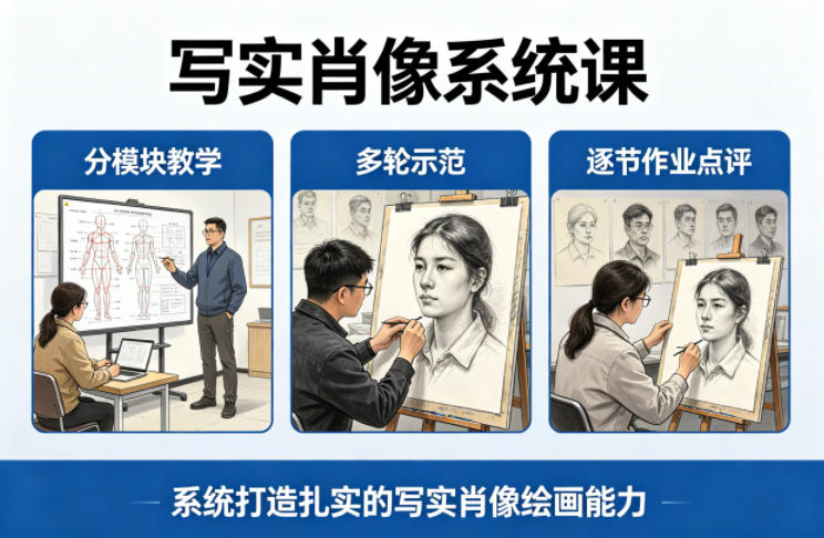 写实肖像系统课，全程分模块教学+多轮示范+逐节作业点评，系统打造扎实的写实肖像绘画能力-网创资源站