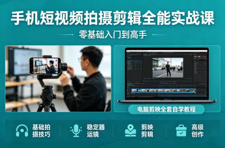 手机短视频拍摄剪辑全能实战课：零基础入门到高手，稳定器运镜+电脑剪映全套自学教程-网创资源站