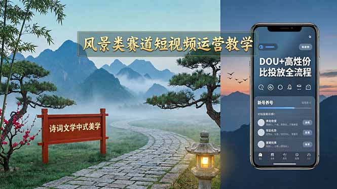 风景类赛道短视频运营教学：诗词文学中式美学，新号养号对标账号定位，DOU+高性价比投放全流程-网创资源站