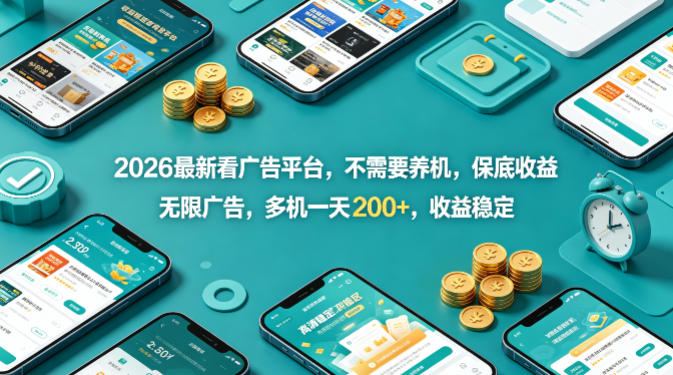 2026最新看广告平台，不需要养机，保底收益，无限广告，多机一天200+，收益稳定【揭秘】-网创资源站