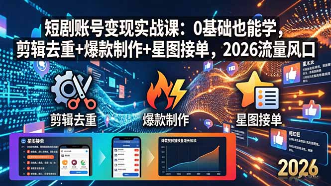 短剧账号变现实战课：0基础也能学，剪辑去重+爆款制作+星图接单，2026流量风口-网创资源站