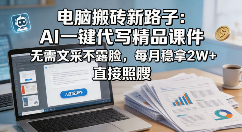 电脑搬砖新路子：AI一键代写精品课件，无需文采不露脸，每月稳拿2W+，直接照搬-网创资源站