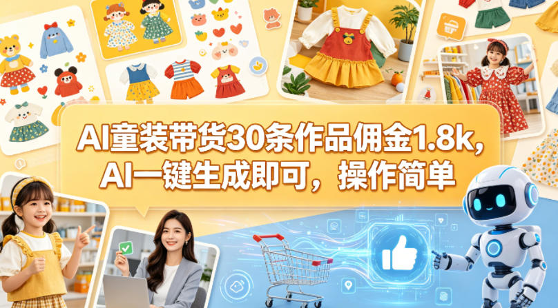 AI童装带货30条作品佣金1.8k，AI一键生成即可，操作简单-网创资源站