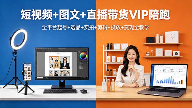 短视频+图文+直播带货VIP陪跑，全平台起号+选品+实拍+剪辑+投放+变现全教学-网创资源站