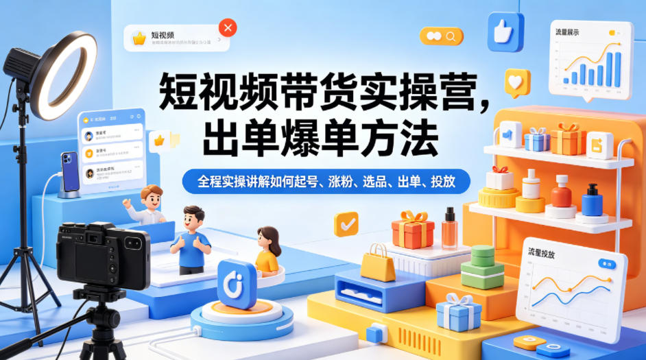 短视频带货实操营，出单爆单方法，全程实操讲解如何起号、涨粉、选品、出单、投放-网创资源站
