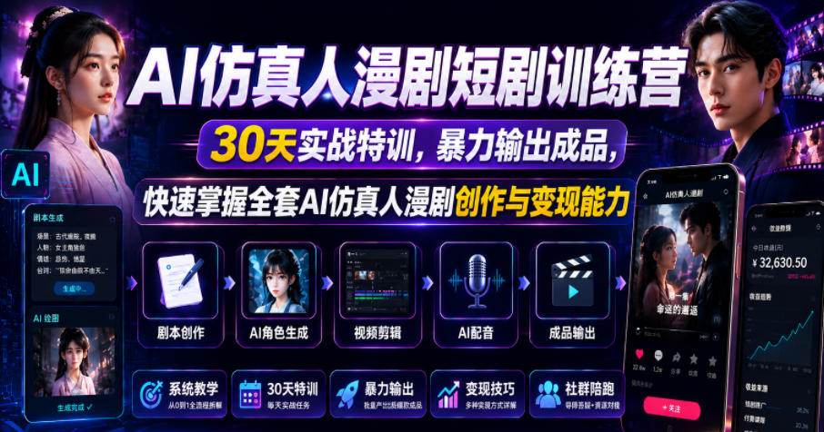 AI仿真人漫剧短剧训练营，30天实战特训，暴力输出成品，快速掌握全套AI仿真人漫剧创作与变现能力-网创资源站