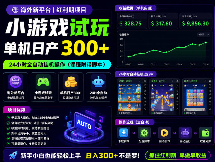 海外新平台，小游戏试玩，单机日产300+，24小时全自动挂G操作(课程附带脚本)【揭秘】-网创资源站