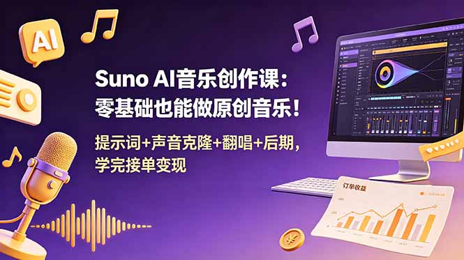 Suno AI音乐创作课：零基础也能做原创音乐！提示词+声音克隆+翻唱+后期，学完接单变现-网创资源站