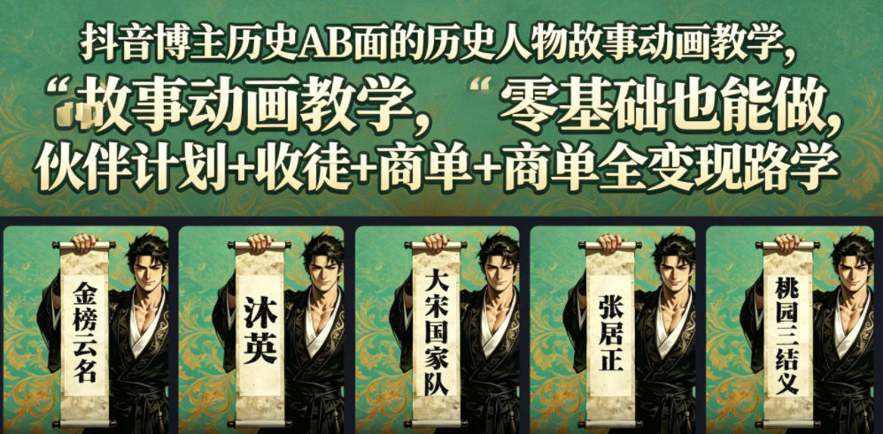 抖音博主历史AB面的历史人物故事动画教学，零基础也能做，伙伴计划+收徒+商单全变现路径教学-网创资源站
