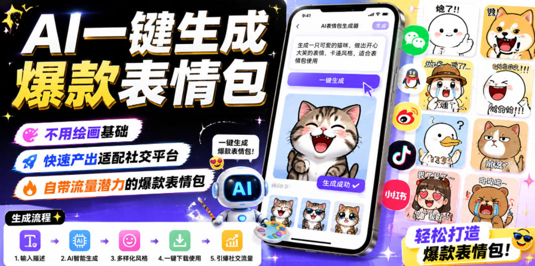 AI一键生成爆款表情包，不用绘画基础，快速产出适配社交平台，自带流量潜力的爆款表情包-网创资源站