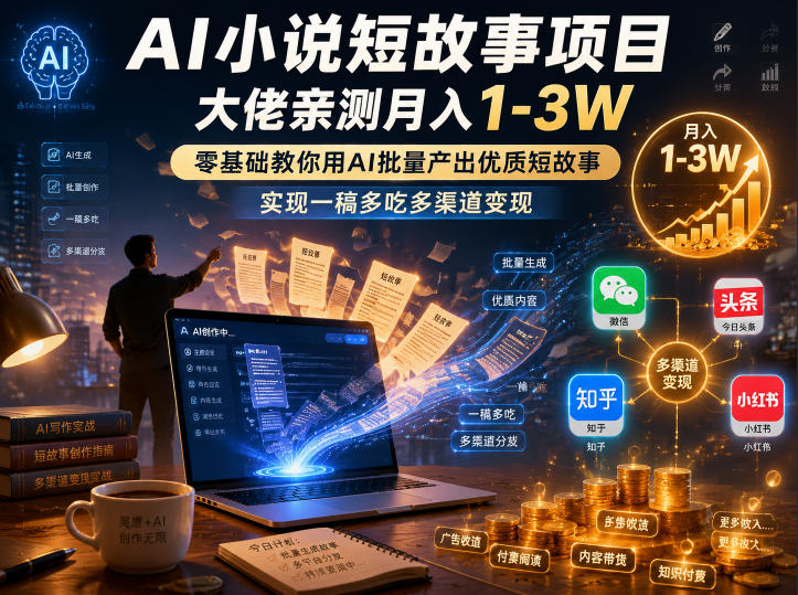 AI小说短故事项目，大佬亲测月入1-3W，零基础教你用AI批量产出优质短故事，实现一稿多吃多渠道变现(更新0624)-网创资源站