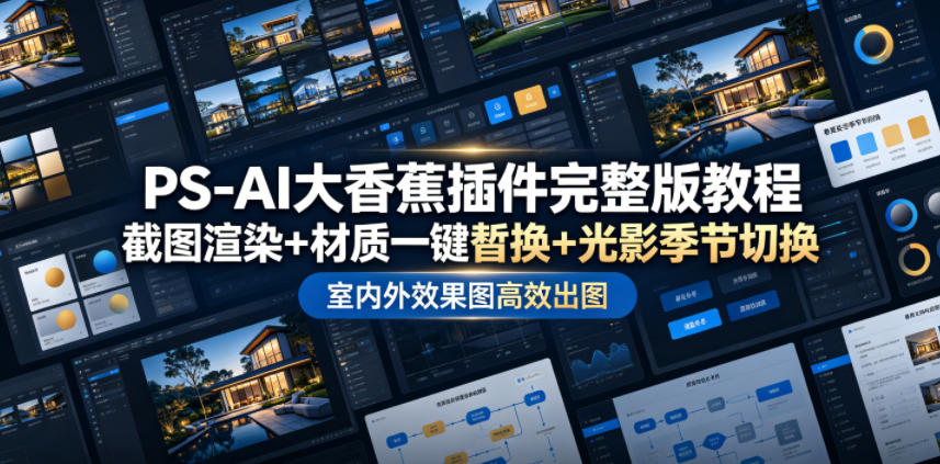 PS-AI大香蕉插件完整版教程，截图渲染+材质一键替换+光影季节切换，室内外效果图高效出图高阶课程-网创资源站