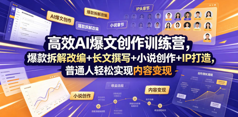 高效AI爆文创作训练营，爆款拆解改编+长文撰写+小说创作+IP打造，普通人轻松实现内容变现-网创资源站