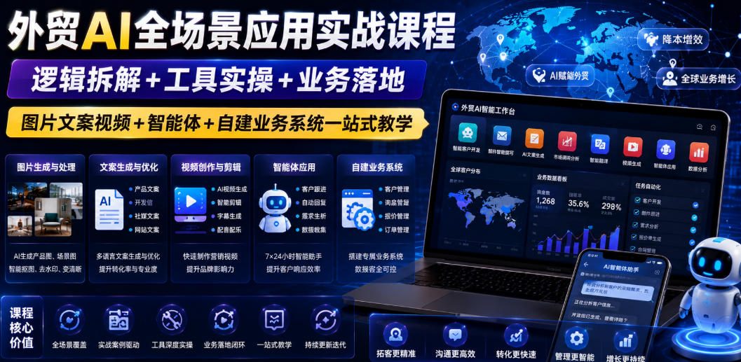 外贸AI全场景应用实战课程｜逻辑拆解+工具实操+业务落地，图片文案视频+智能体+自建业务系统一站式教学-网创资源站