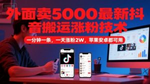 外面卖5000最新抖音搬运涨粉技术，新玩法，一分钟一条，一天涨粉2W，苹果安卓都可用-网创资源站
