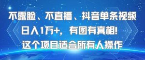 不露脸、不直播、抖音单条视频日入1W+，有图有真相！这个项目适合所有人操作-网创资源站