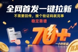 全网首发一键拉新项目，不需要回传，接个验证码就完事，稳定靠谱，一小时收益70+【揭秘】-网创资源站