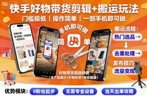 快手好物带货剪辑+搬运玩法，门槛极低，操作简单，一部手机即可玩做-网创资源站