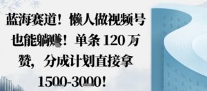 蓝海赛道，懒人做视频号也能躺挣，单条120W赞，分成计划直接拿1.5k，不用拍不用剪-网创资源站