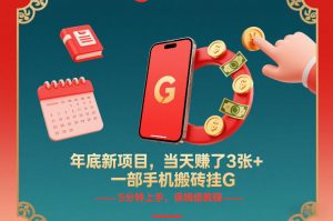 年底新项目，当天賺了3张+，一部手机搬砖挂G，5分钟上手，保姆级教程【揭秘】-网创资源站