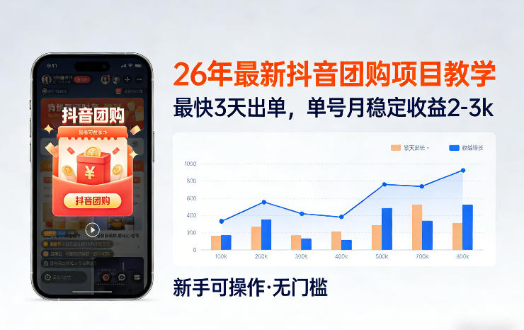 26年最新抖音团购项目教学，0门槛，最快3天出单，单号月稳定收益2-3k-网创资源站
