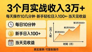 3个月实战收入3万+，每天操作10几分钟，新手轻松日入100+，当天见收益-网创资源站