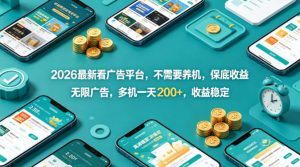 2026最新看广告平台，不需要养机，保底收益，无限广告，多机一天200+，收益稳定【揭秘】-网创资源站