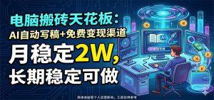 电脑搬砖天花板：AI自动写稿+免费变现渠道，月稳定2W，长期稳定可做-网创资源站