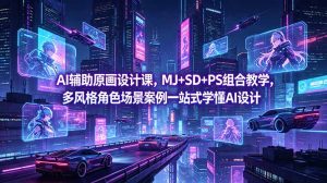 AI辅助原画设计课,MJ+SD+PS组合教学,多风格角色场景案例一站式学懂AI设计-网创资源站